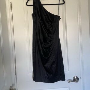 Black Satin-style Midi Calvin Klein Cocktail Dress One-Shoulder